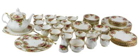 A Royal Albert porcelain Old Country Roses pattern part tea and dinner service, comprising fifteen teacups, seventeen saucers, milk jug, sugar bowl, teapot, seven cake plates, six breakfast bowls, eight side plates, a three tier cake stand, sandwich plate