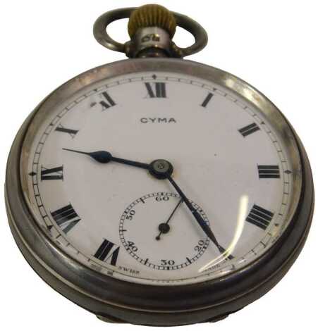 A George VI silver cased open faced pocket watch, keyless wind, the circular enamel dial bearing Roman numerals, subsidary seconds dial, the case of plain form, Birmingham 1937, boxed.