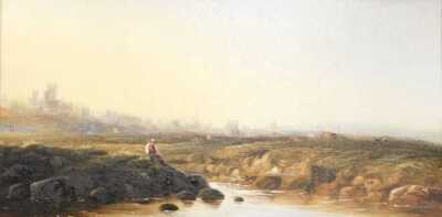 Walter Williams (act.1841-1881). A Distant view of Lincoln, oil on canvas, attributed and titled on plaque, 18.5cm x 36.5cm. Label verso Cider House Galleries Ltd, Surrey. - 7