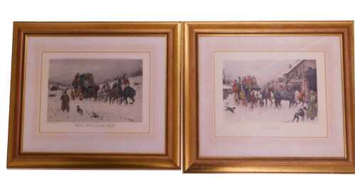 After George Wright. The Last Mail, Winter. Well Out of the Drifts, two framed coloured engravings, 22cm x 29cm.