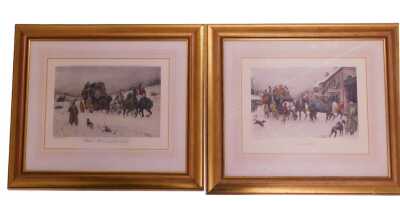 After George Wright. The Last Mail, Winter. Well Out of the Drifts, two framed coloured engravings, 22cm x 29cm.