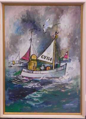 Colin Carr (1929-2002). Fishing trawler GY154 at sea, watercolour, signed, 58.5cm x 41cm. - 2