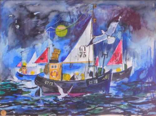 Colin Carr (1929-2002). Fishing trawler GY75 at sea, watercolour, signed and dated 19(73), 30cm x 40cm.