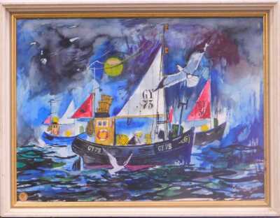 Colin Carr (1929-2002). Fishing trawler GY75 at sea, watercolour, signed and dated 19(73), 30cm x 40cm. - 2