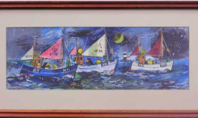 Colin Carr (1929-2002). Fishing trawlers GY17, GY52, GY25 at sea, watercolour, signed and dated (19)73, 14cm x 40cm. - 2