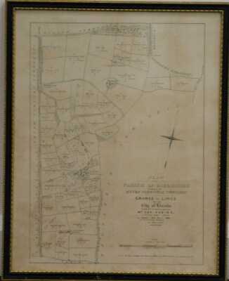 A framed map. Plan of the Parish of Riseholme of Grange de Lings to be sold by auction by Mr Geo Robins May 24 1839, 52cm x 41cm. - 2