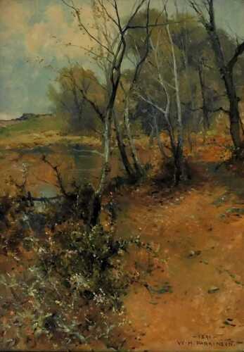 William H. Parkinson (1864-1916). Woodland at rivers edge, oil on canvas, signed and dated 1891, 34.5cm x 24cm.