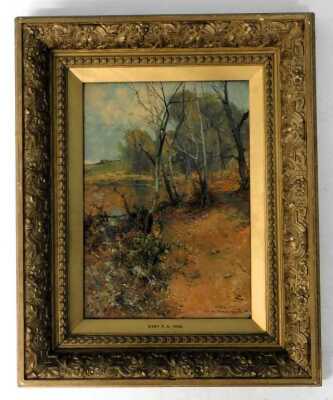 William H. Parkinson (1864-1916). Woodland at rivers edge, oil on canvas, signed and dated 1891, 34.5cm x 24cm. - 2