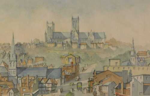 20thC British School. Lincoln Cathedral from Pelham Bridge c. 1960, watercolour, 20cm x 29cm.