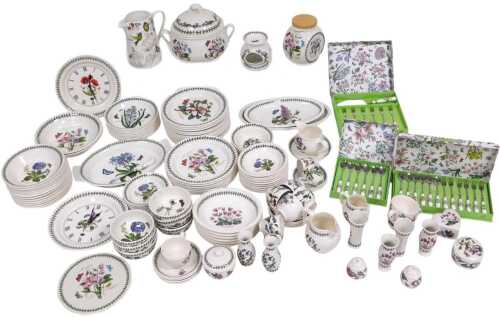 An extensive Portmeirion Botanic Garden pattern dinner and tea service, including a soup tureen and cover, dinner, dessert and side plates, milk and cream jugs, tea and coffee cups and saucers, teaspoons, boxed, together with two wall clocks, trinket boxe