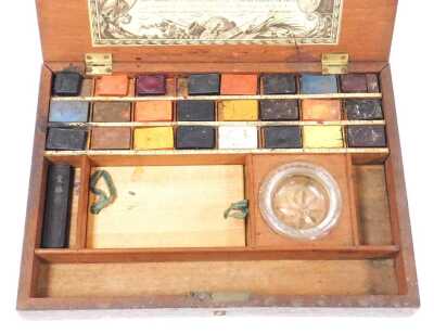 A 19thC artist's paint box, by W J Reeves & Woodyear, Number 80 Holborn-Bridge, London, containing 24 Armorial stamped paint tablets and mixing bowl, in a fitted interior, bears paper label, 28.5cm wide. - 2