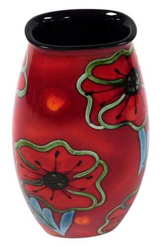 A Poole Pottery Poppy Field pattern vase, Manhattan shape, painted initials JB, raised marks, 25cm high.