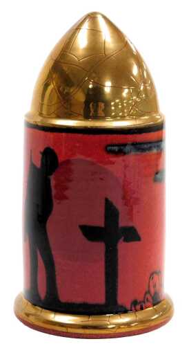 A Poole pottery sculpture, of shell case form, unique studio piece 1/1, in commemoration of WWI, "Lest We Forget", designed by Nicola Massarella, painted and impressed marks, 16cm high, with certificate.