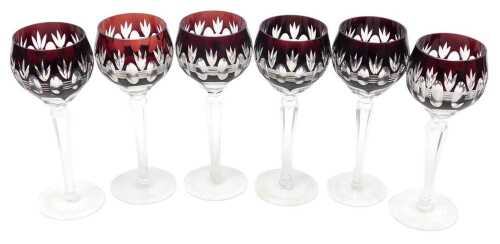 A set of six continental ruby flashed stemmed wine glasses, 21cm high.