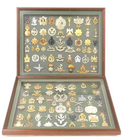 A collection of Regimental badges of the British Army, in two glass fronted display cases, cases 37.5cm x 46cm.