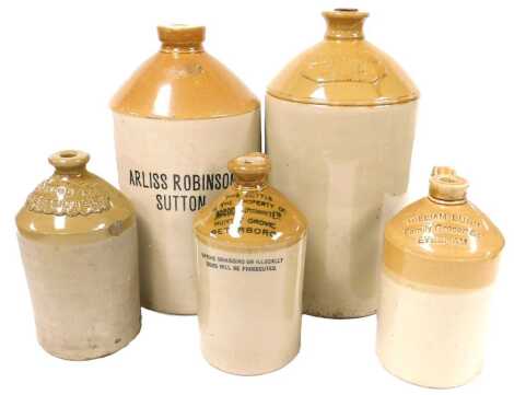 Five 19thC and later two tone stoneware flagons, named for Cherrington & Son Chemists, Newark, Arliss Robinson, Sutton, Adcocks (Peterboro) Limited, T. P. Wood & Company Chesterfield, and William Lunn, Family Grocer, Evesham.