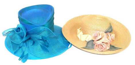 A Jacqueline Meszaros turquoise satin and fabric hat, with tied bow and feather decoration, together with a Bailey Tomlin straw hat with triple rose decoration, in two John Lewis hat boxes.