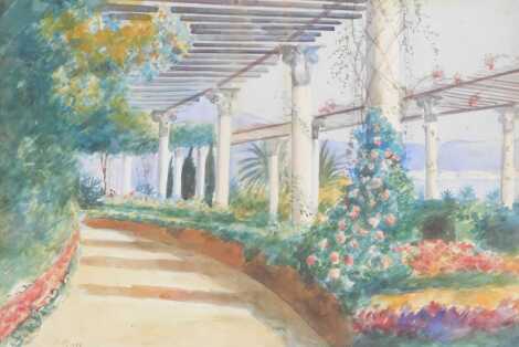 J Pinei. Interior setting, greenhouse with flowering shrubs, watercolour, 33cm x 46cm.