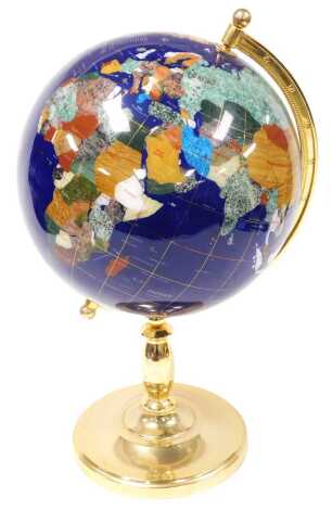 A hardstone terrestrial globe, in a polished brass frame, frame 58cm high.