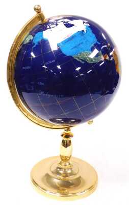 A hardstone terrestrial globe, in a polished brass frame, frame 58cm high. - 2