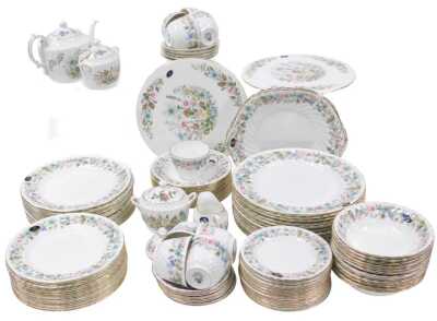 An Aynsley porcelain Wild Tudor pattern part dinner and tea service, comprising twelve dinner, eleven dessert, twelve salad and side plates, twelve fruit bowls, teapot, cream jug, a pair of sucriers, a pair of bread plates, a pair of gateau plates, boxed,