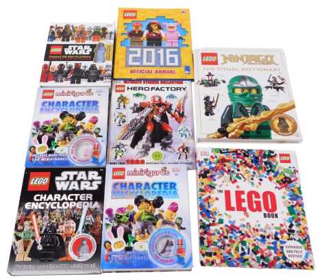 Assorted Lego books, comprising DK Character Encyclopedia, Mini Figures, and 4 vols, Hero Factory, Ninja GQ, The Visual Dictionary, Official Annual 2016, and The Lego Book, figures lacking. (8)