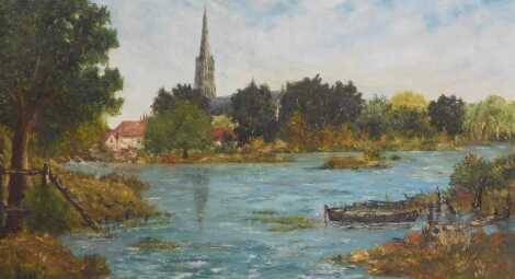 English School (20thC). A view of St. Wulfram's Church, Grantham, oil on canvas, 76cm x 137.5cm.