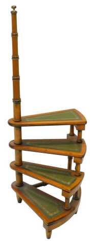 A set of stained beech library steps, with leather insets to the treads, and turned support, 112cm high.