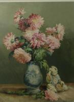 Amy C Reeve Fowkes (b1886). Still life of flowers in a Delft vase adjacent a Chinese porcelain figur