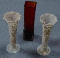 A Whitefrairs style square section vase and a pair of Victorian gilt milk glass posy vases