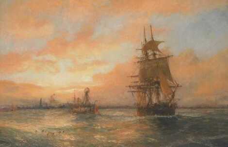 Claude Thomas Stanfield Moore (1853-1901). Masted ship setting out to open waters, probably in the Thames Estuary, oil on canvas, signed and dated (18)97, signed verso, 50cm x 74cm.