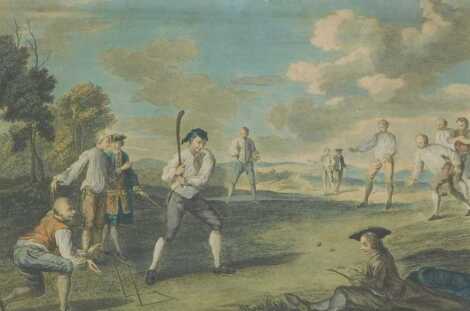 After Francis Hayman (c.1708-1776). Playing at cricket (engraved after the original at Vauxhall Gardens), hand coloured engraving, 25cm x 36cm.