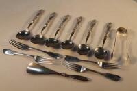 Four Victorian silver Fiddle pattern dessert forks and other flat ware