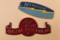 An Austin electricar badge and a Morrison electricar badge
