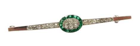 An Art Deco emerald and diamond bar brooch, set in unmarked white metal, in a Collingwood (Jewellers) Ltd box, 3.5g.
