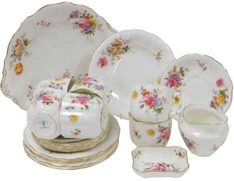 A Royal Crown Derby porcelain Derby Posies pattern part tea service, comprising bread plate, cream jug, six teacups, saucers and tea plates, together with a trinket dish.