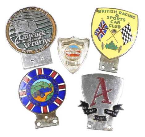 Five car badges, comprising a Laycock-de-Normanville Verdrive, British Racing & Sports Car Club, British Trial & Rally Driver's Assn, and Allard Owners Club, together with a silver plate and enamel motoring trophy shield.