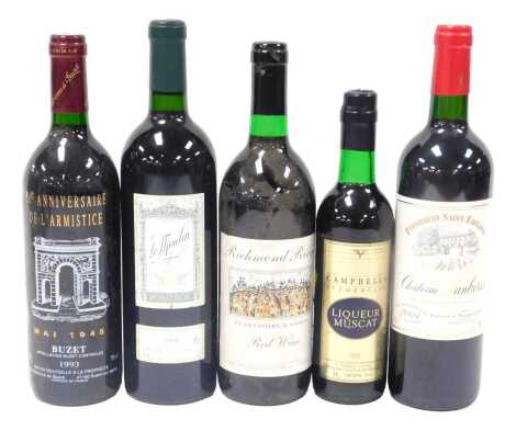 Four bottles of red wine, comprising Les Vignerons de Buzet 1993 commemorating the 50th Anniversary of the Armistice May 1945, Richmond Ridge red wine, Chateau le Moulin Pommerol 2000, and Chateau Lambersac Puissegyn Saint-Emilion 2004, together with a ha