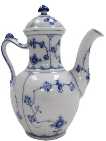 A Royal Copenhagen porcelain Musselmalet Half Lace pattern coffee pot, printed and painted marks, 18cm high.