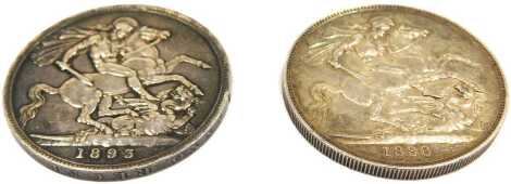 Two Queen Victoria silver crowns, 1888 and 1893. (Edge LVI)