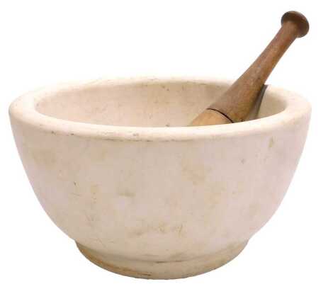 A stone pestle and mortar, the pestle with a turned wooden handle, mortar 26cm wide.