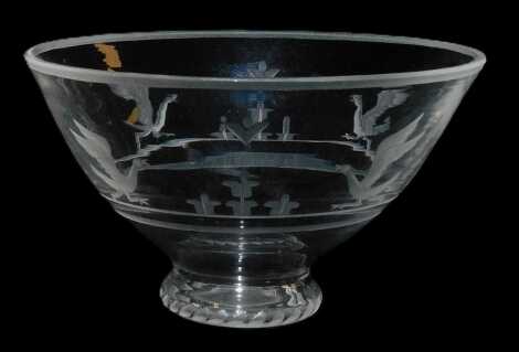 An Orrefors miniature glass bowl, circa 1920s, designed by Simon Gate, the footed bowl engraved by Bertil Gustavsson with cranes preparing to take flight, base engraved 'Of.G.338.27.BG', 6cm diameter.