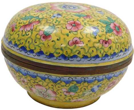 A Qing dynasty/Republic period Chinese enamel seal paste pot and cover, decorated with pink flowers on an imperial yellow ground, 10cm wide.