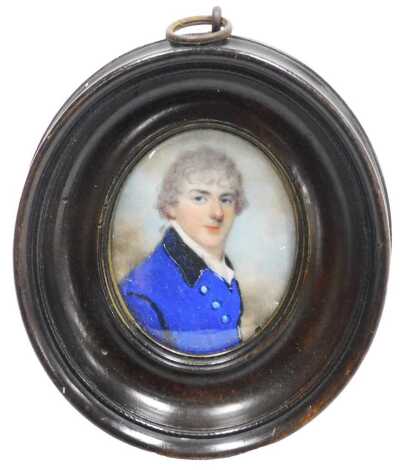English School (19thC). Bust portrait of gentleman, in vivid blue jacket, watercolour, framed, 7cm x 5.5cm.