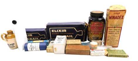 A group of early 20thC medicinal bottles, ointments, Fuller's Earth, animal wool and absorbent gauze, some boxed, many bearing labels. (a quantity)