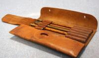 *A Dring & Fage wood and brass sectional measuring dip rod in leather pouch