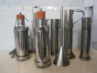 *Six various stainless Customs & Excise sample bombs and a funnel.