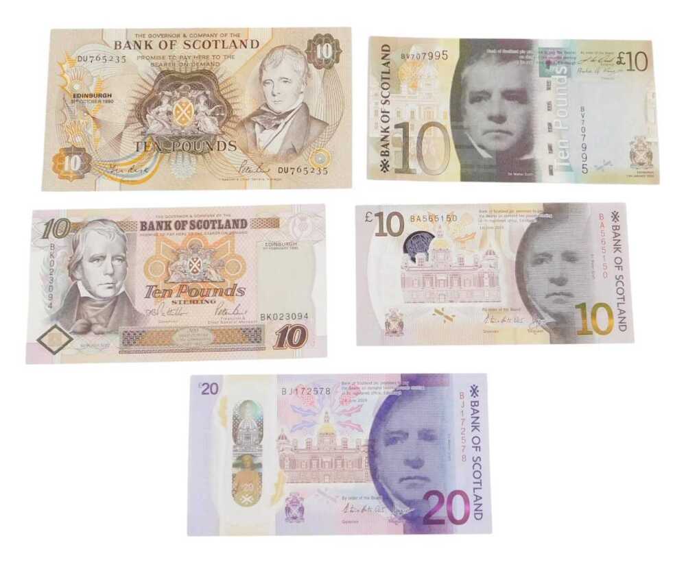 Four Bank of Scotland ten pound banknotes, mint and uncirculated ...