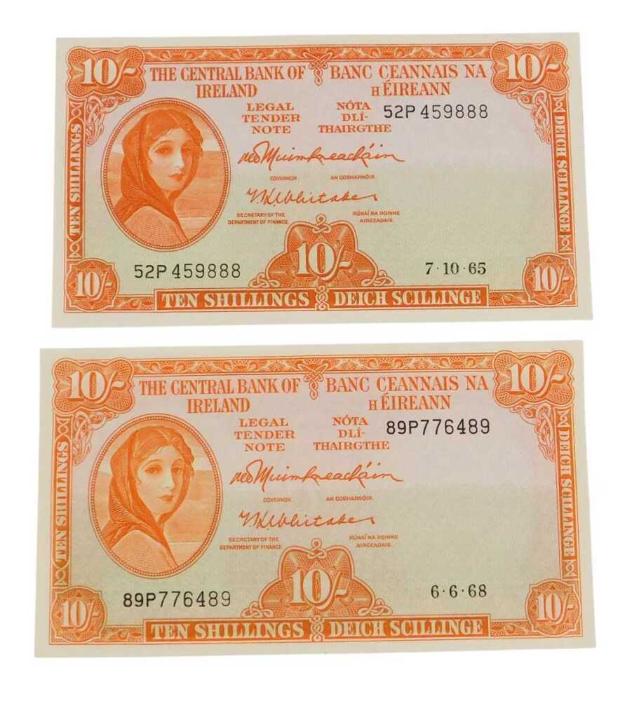 Two Central Bank of Ireland ten shillings banknotes, portrait of Lady ...