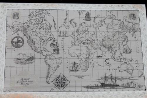 A framed Royal Geographical Society silver map of the world by John Pinches